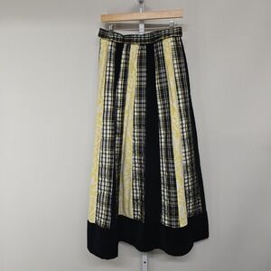 Vintage CHESSA DAVIS Womens Maxi Skirt Plaid Velvet Lace Black Yellow Patchwork